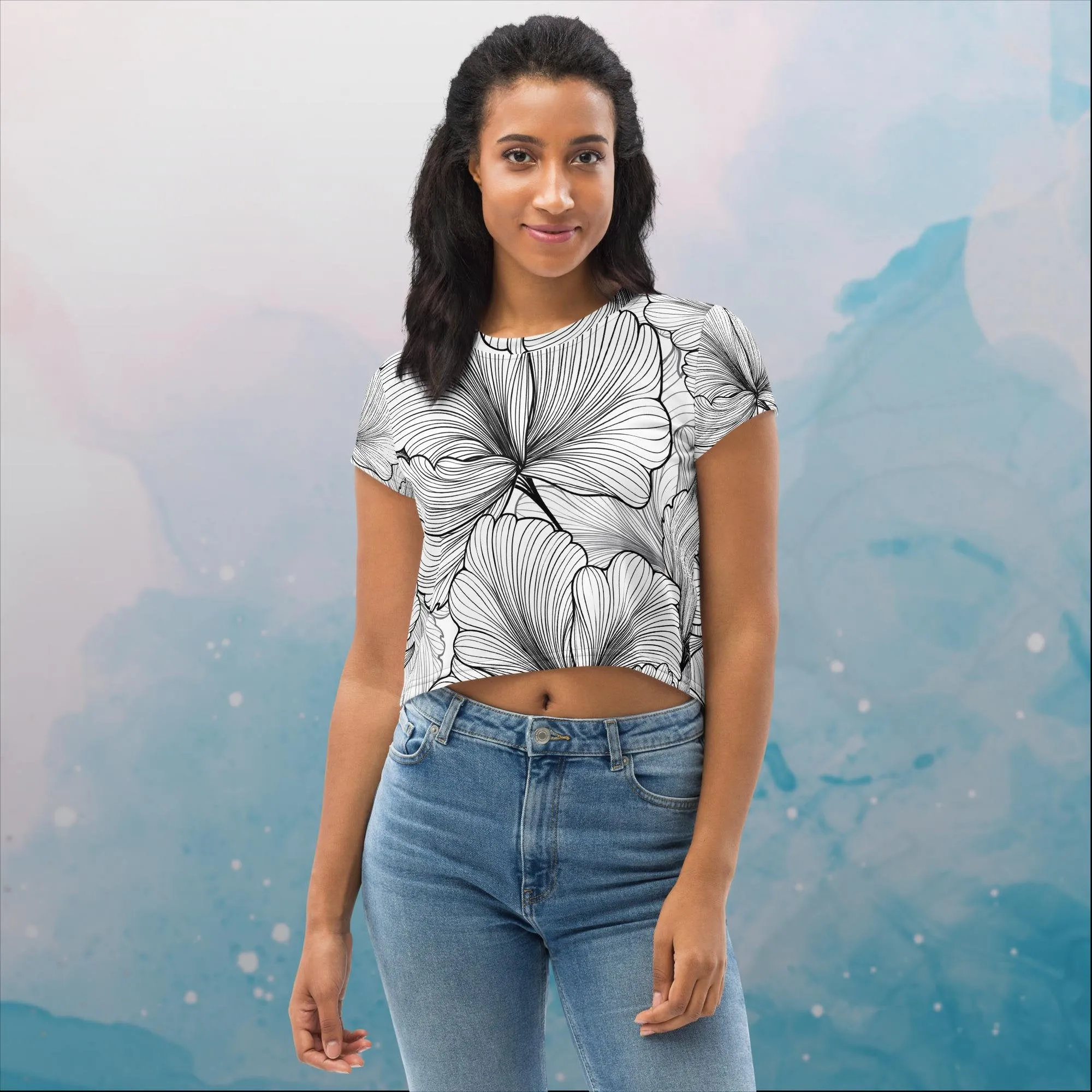 Abstract Lines Floral Pattern Womens Print Crop Tee