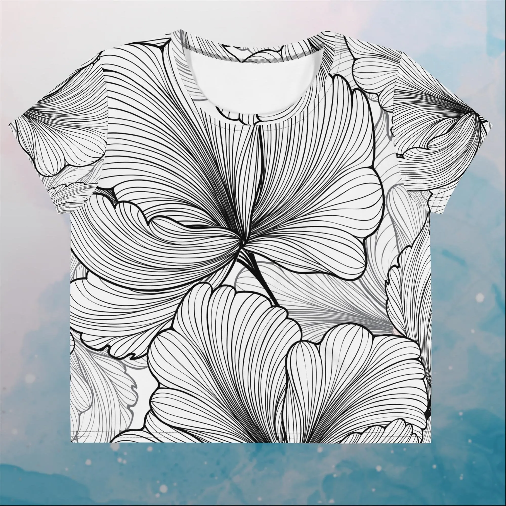 Abstract Lines Floral Pattern Womens Print Crop Tee