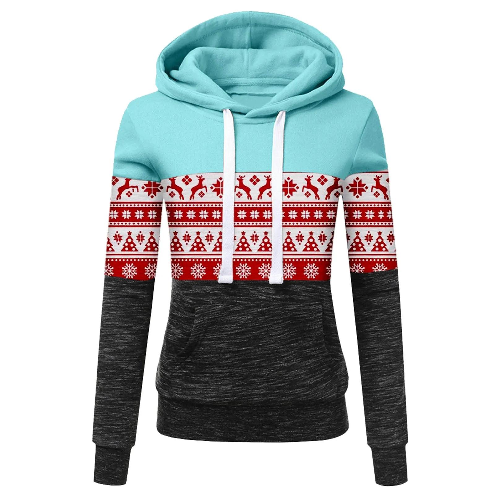 Autumn and Winter New Women's Clothing Christmas Print Color Matching Plus Fleece Hooded Sweater Women