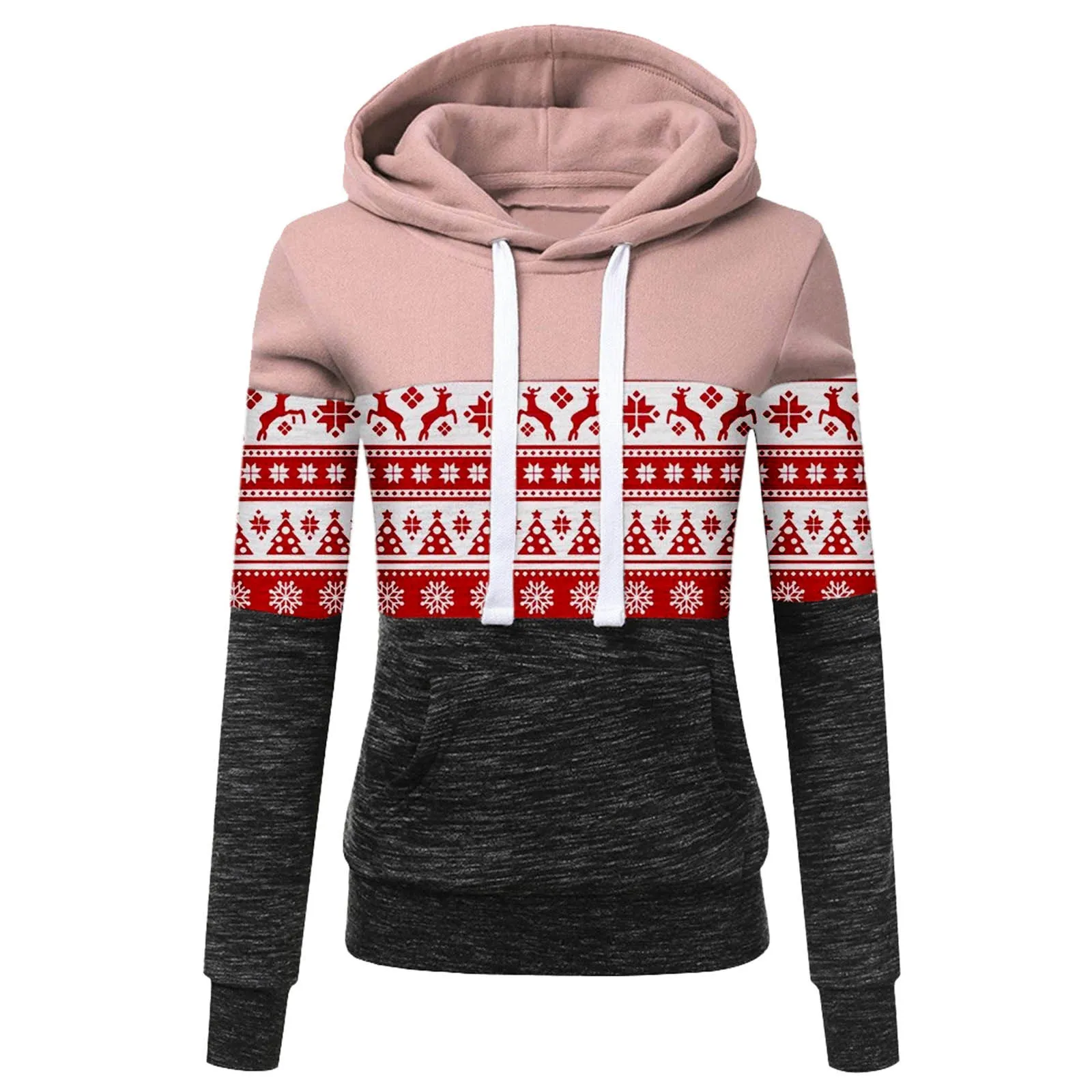 Autumn and Winter New Women's Clothing Christmas Print Color Matching Plus Fleece Hooded Sweater Women