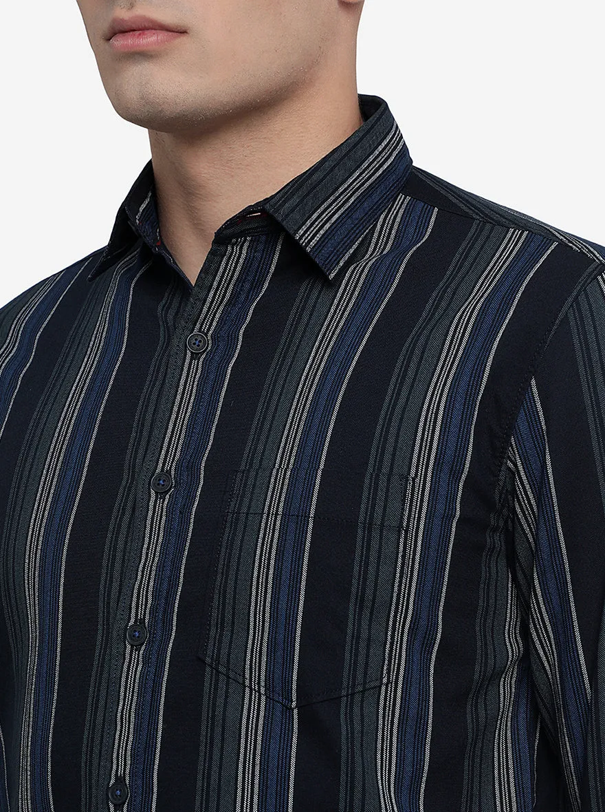 Black & Beige Striped Slim Fit Semi Casual Shirt | Greenfibre