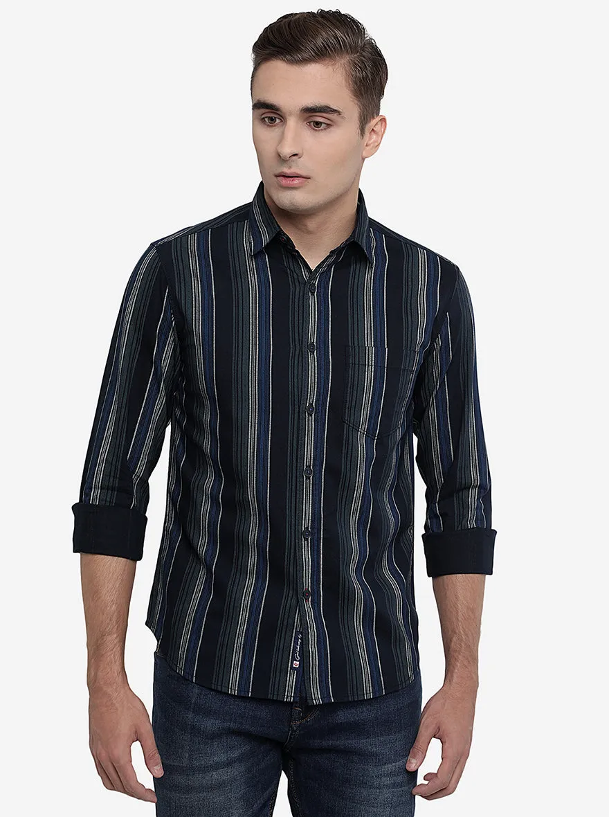 Black & Beige Striped Slim Fit Semi Casual Shirt | Greenfibre