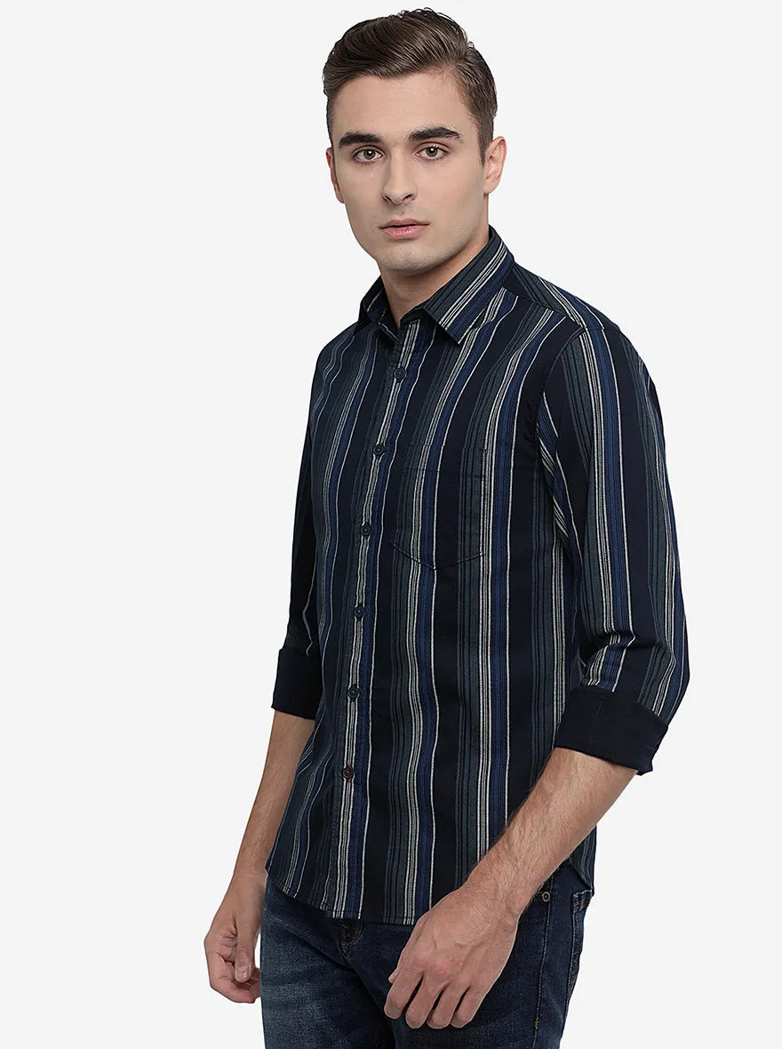 Black & Beige Striped Slim Fit Semi Casual Shirt | Greenfibre