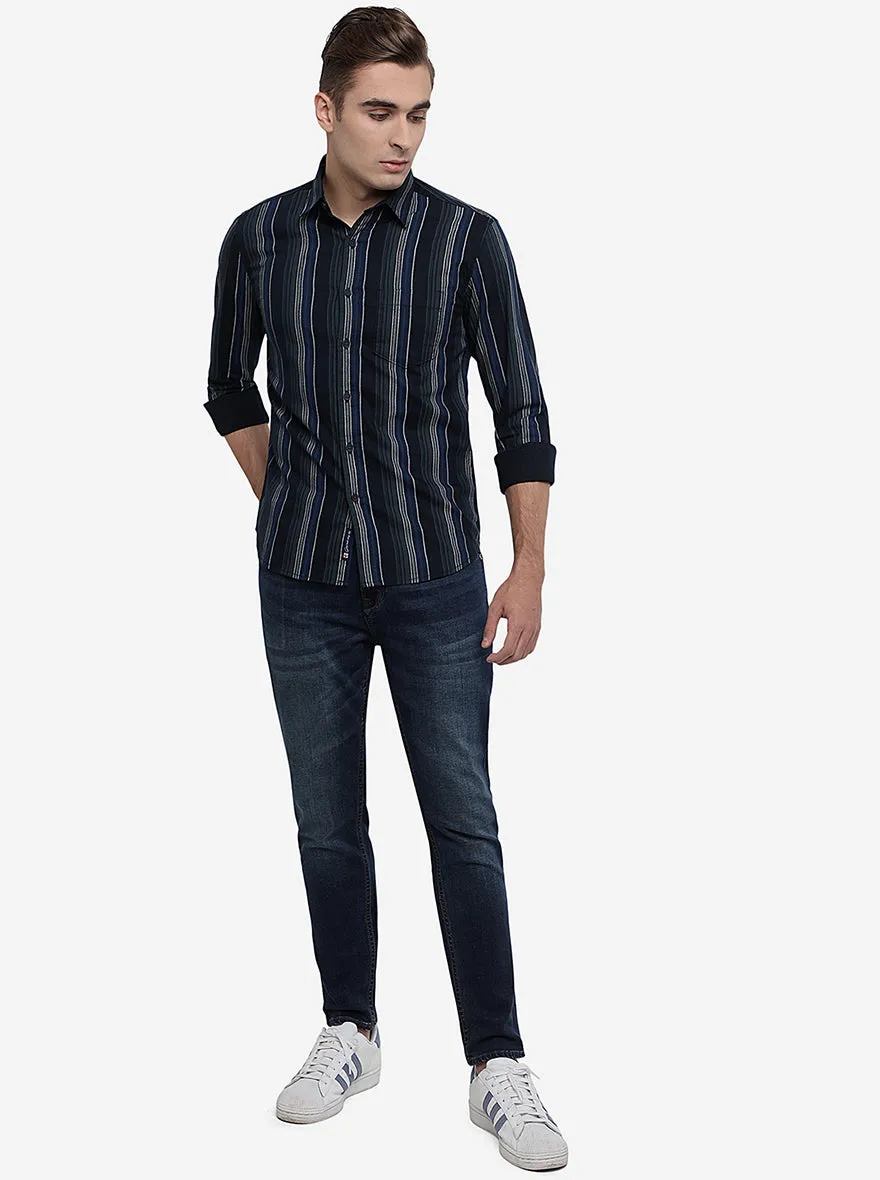 Black & Beige Striped Slim Fit Semi Casual Shirt | Greenfibre