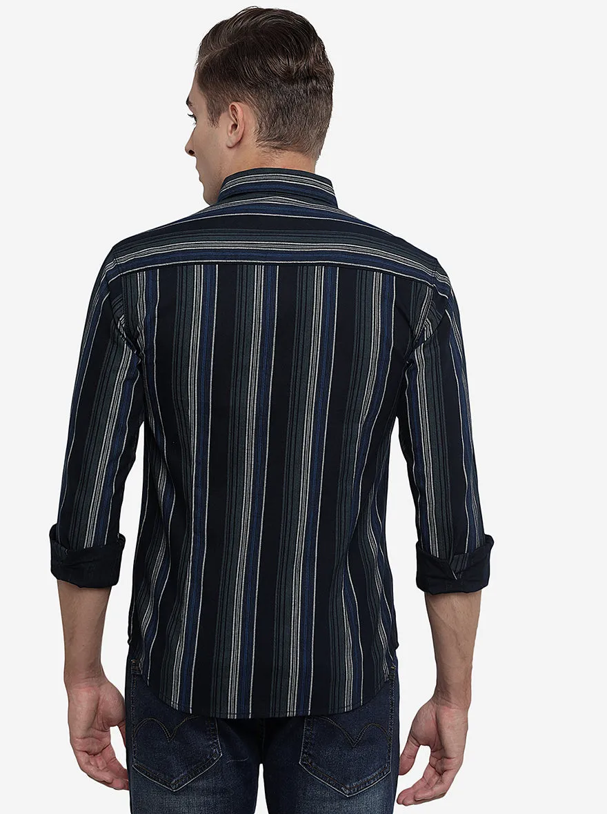 Black & Beige Striped Slim Fit Semi Casual Shirt | Greenfibre