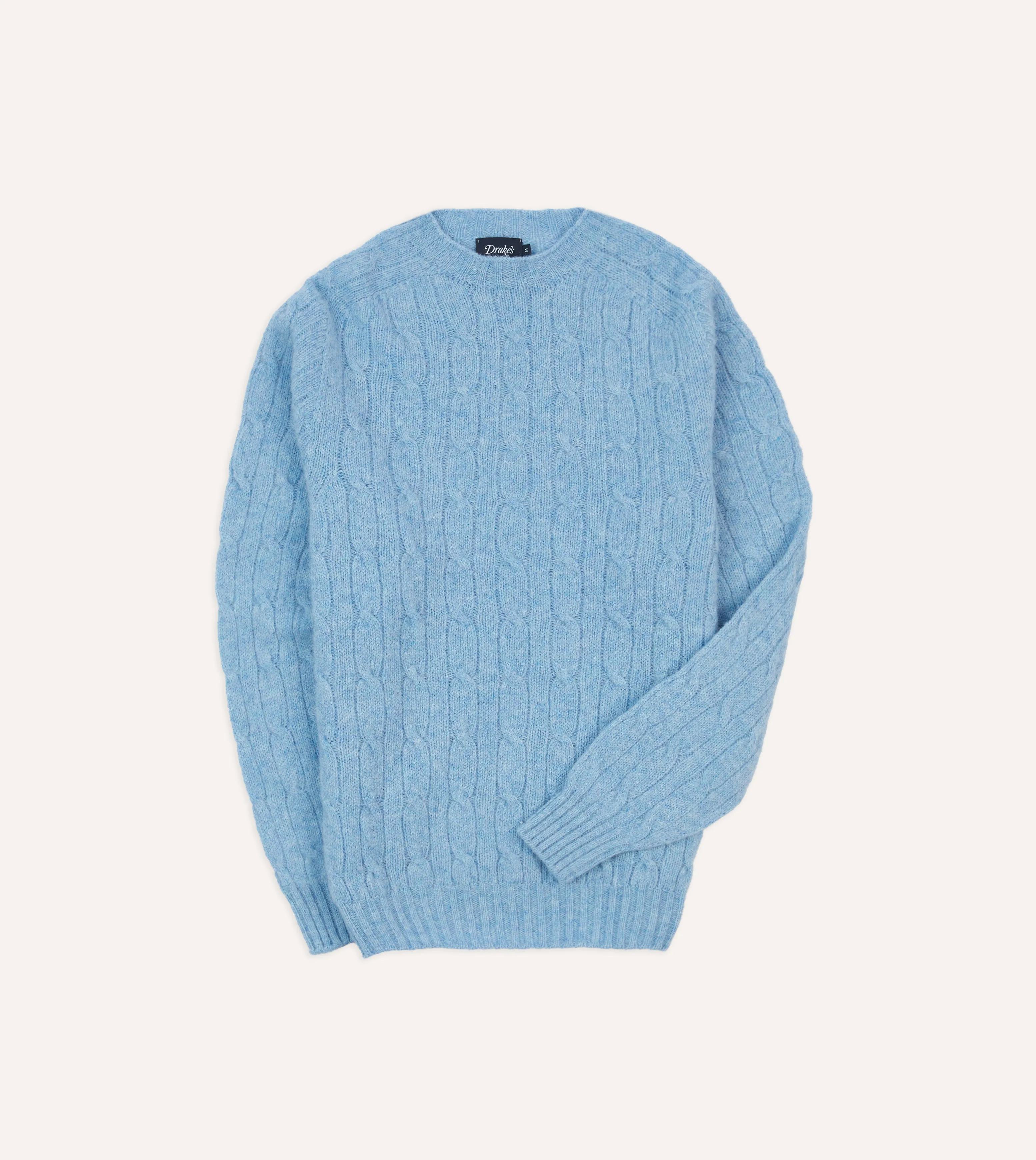 Blue Brushed Shetland Cable Knit Crew Neck Jumper