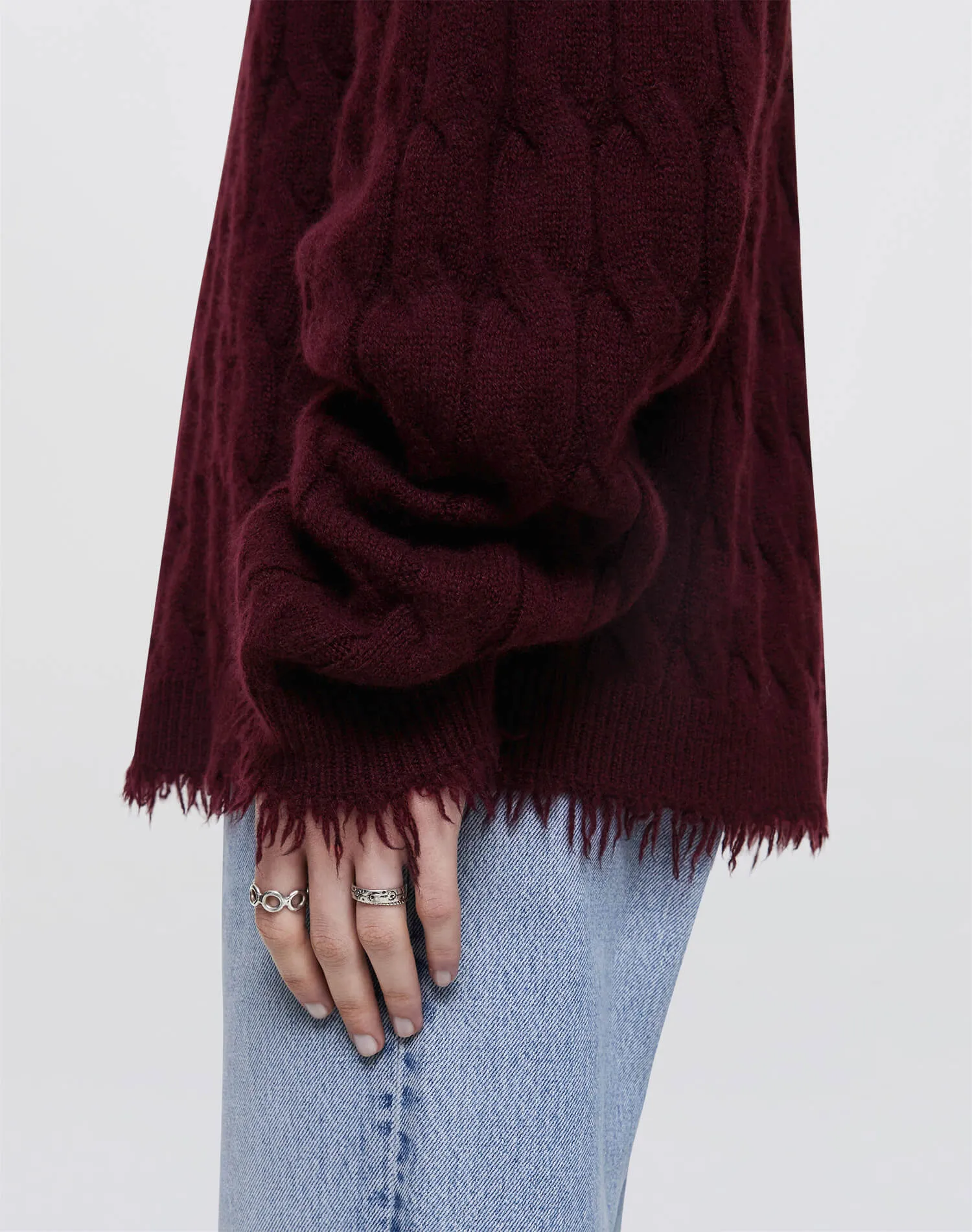 Cashmere Cable V Neck Pullover - Oxblood