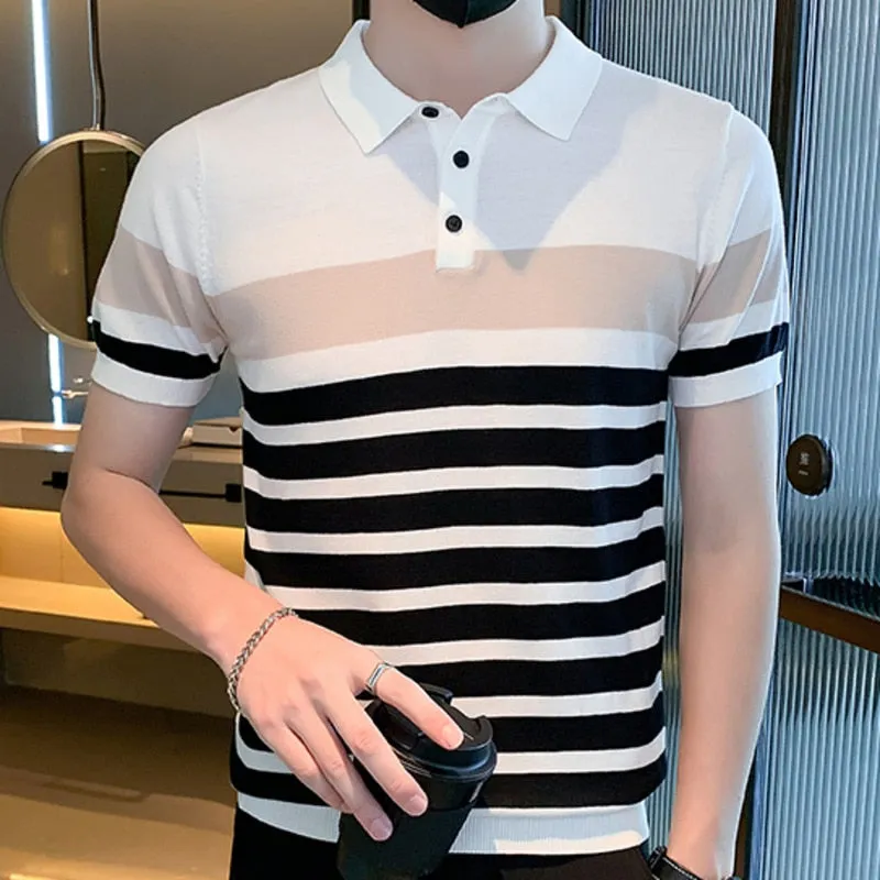 Casual Polyester Striped Polo Shirt