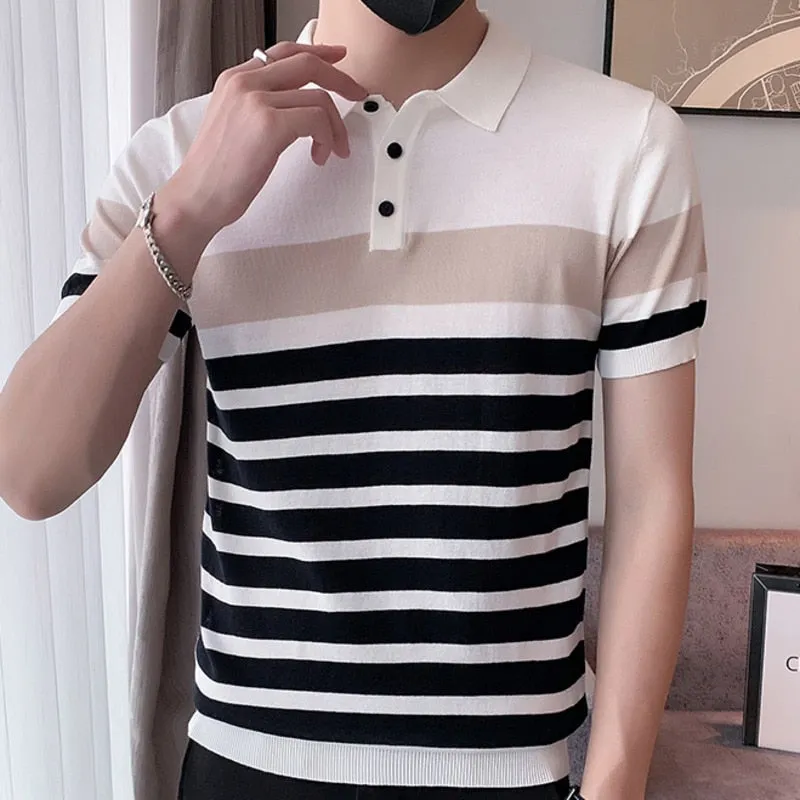 Casual Polyester Striped Polo Shirt