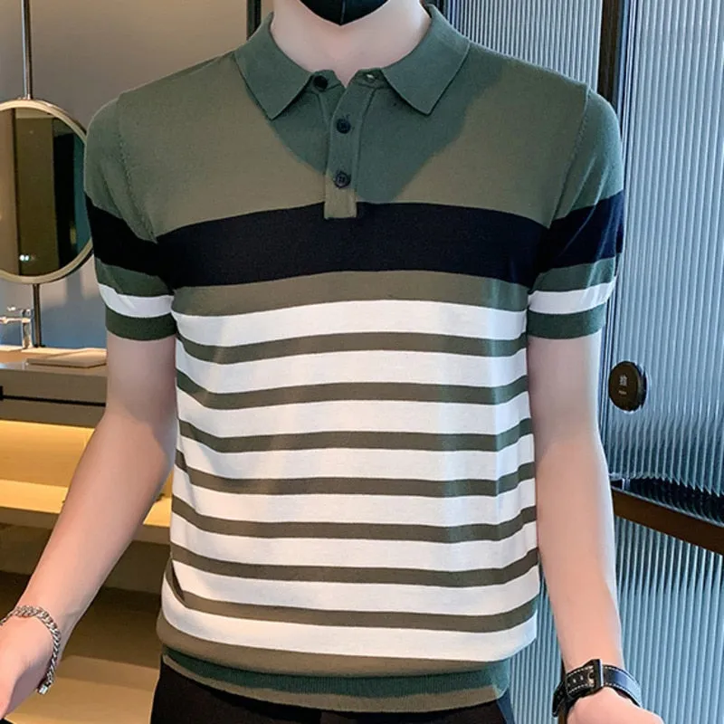 Casual Polyester Striped Polo Shirt