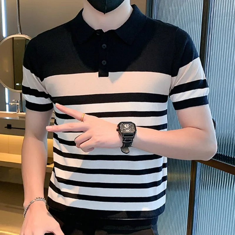 Casual Polyester Striped Polo Shirt