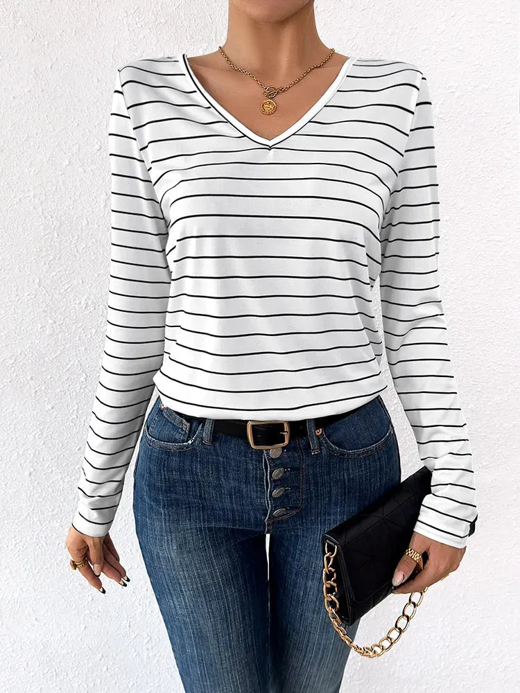 Casual Striped Elegant Long Sleeve Back Strap Knit V-neck Stylish T-shirt