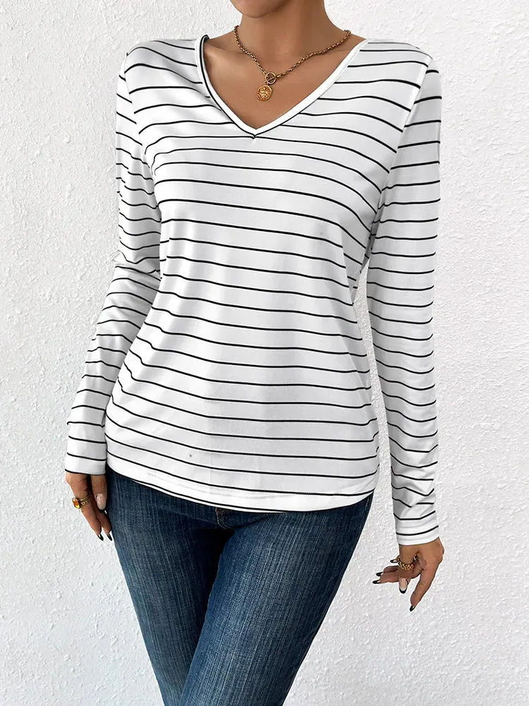 Casual Striped Elegant Long Sleeve Back Strap Knit V-neck Stylish T-shirt