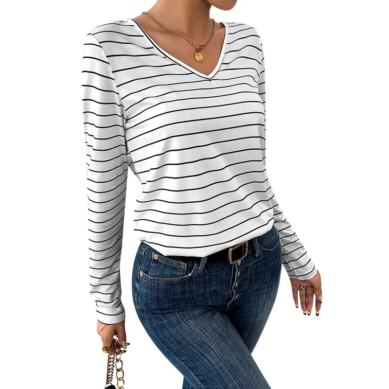 Casual Striped Elegant Long Sleeve Back Strap Knit V-neck Stylish T-shirt