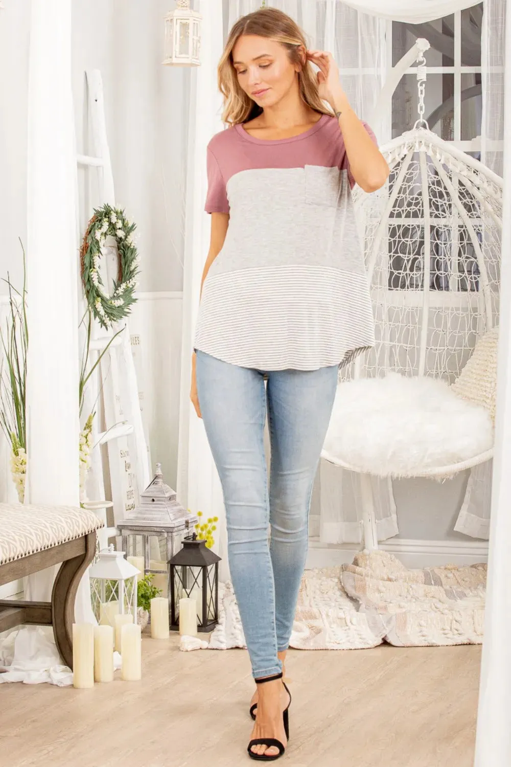 Color Block Striped Round Neck Short Sleeve T-Shirt