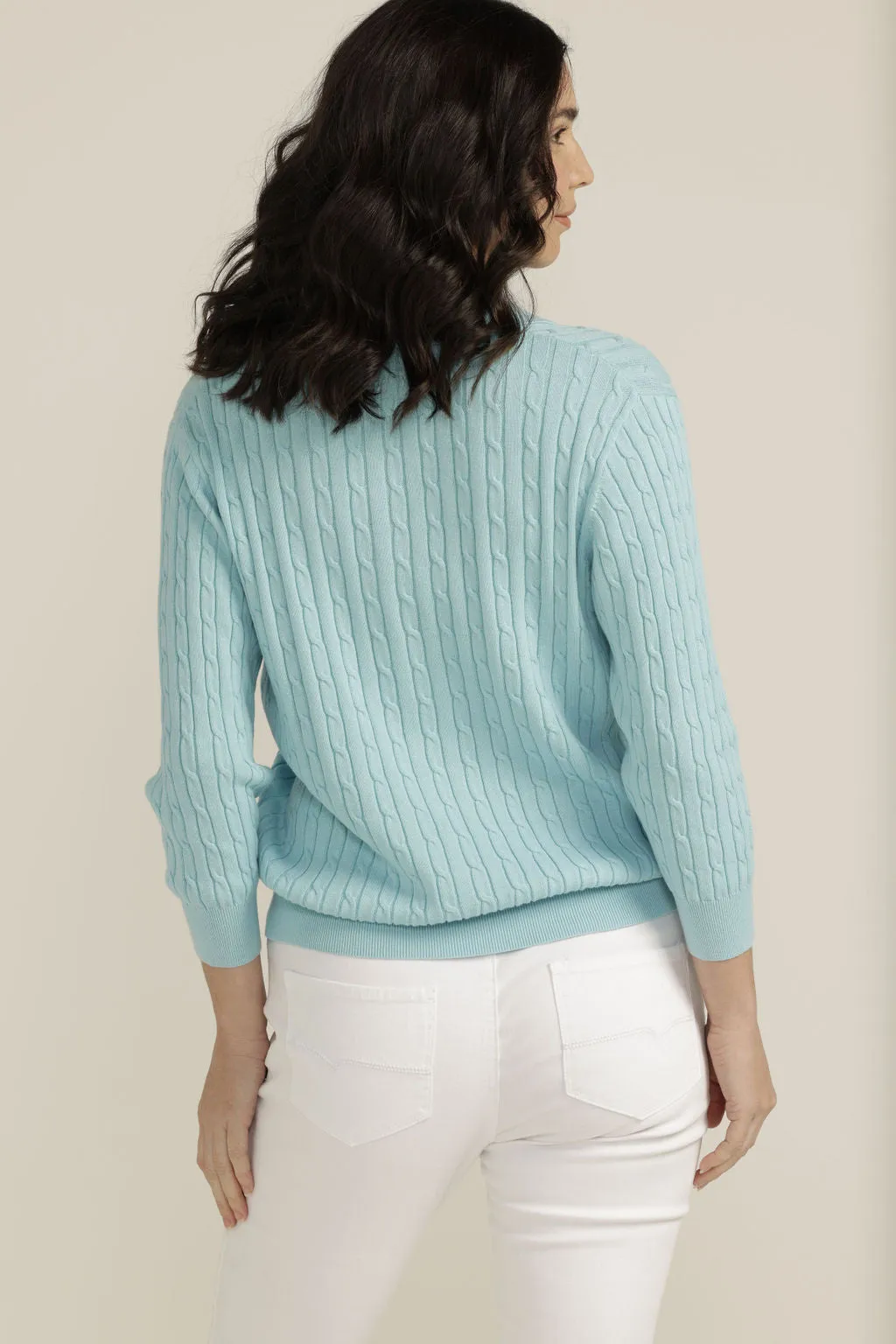 Cotton 3/4 Sleeve Cable Collared Knit Aqua