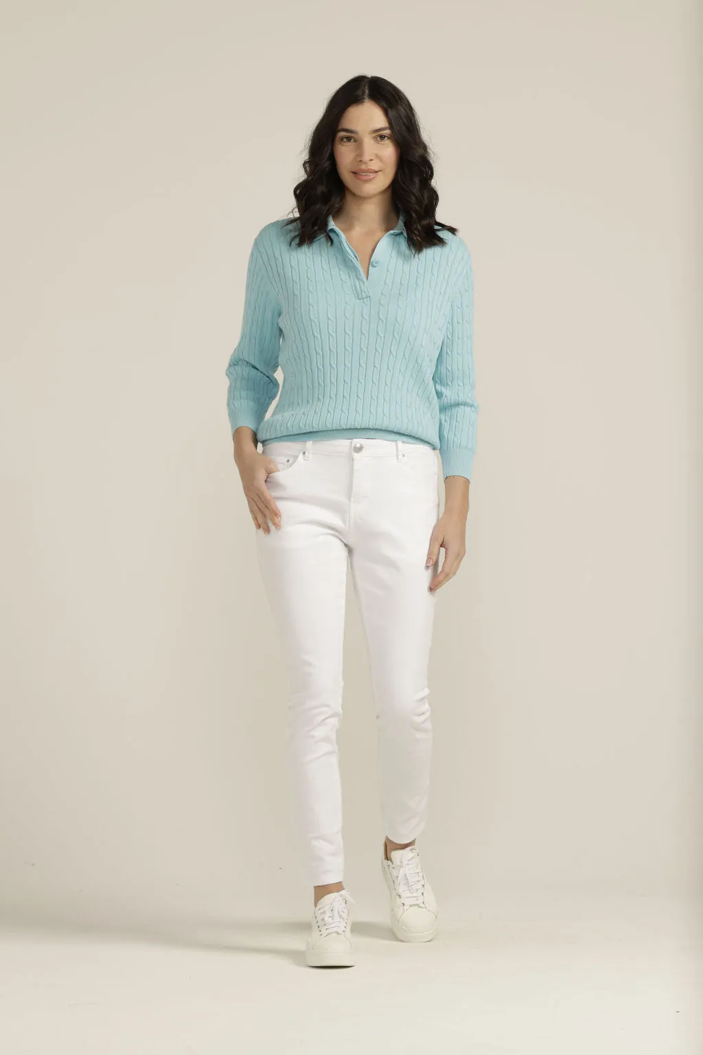 Cotton 3/4 Sleeve Cable Collared Knit Aqua