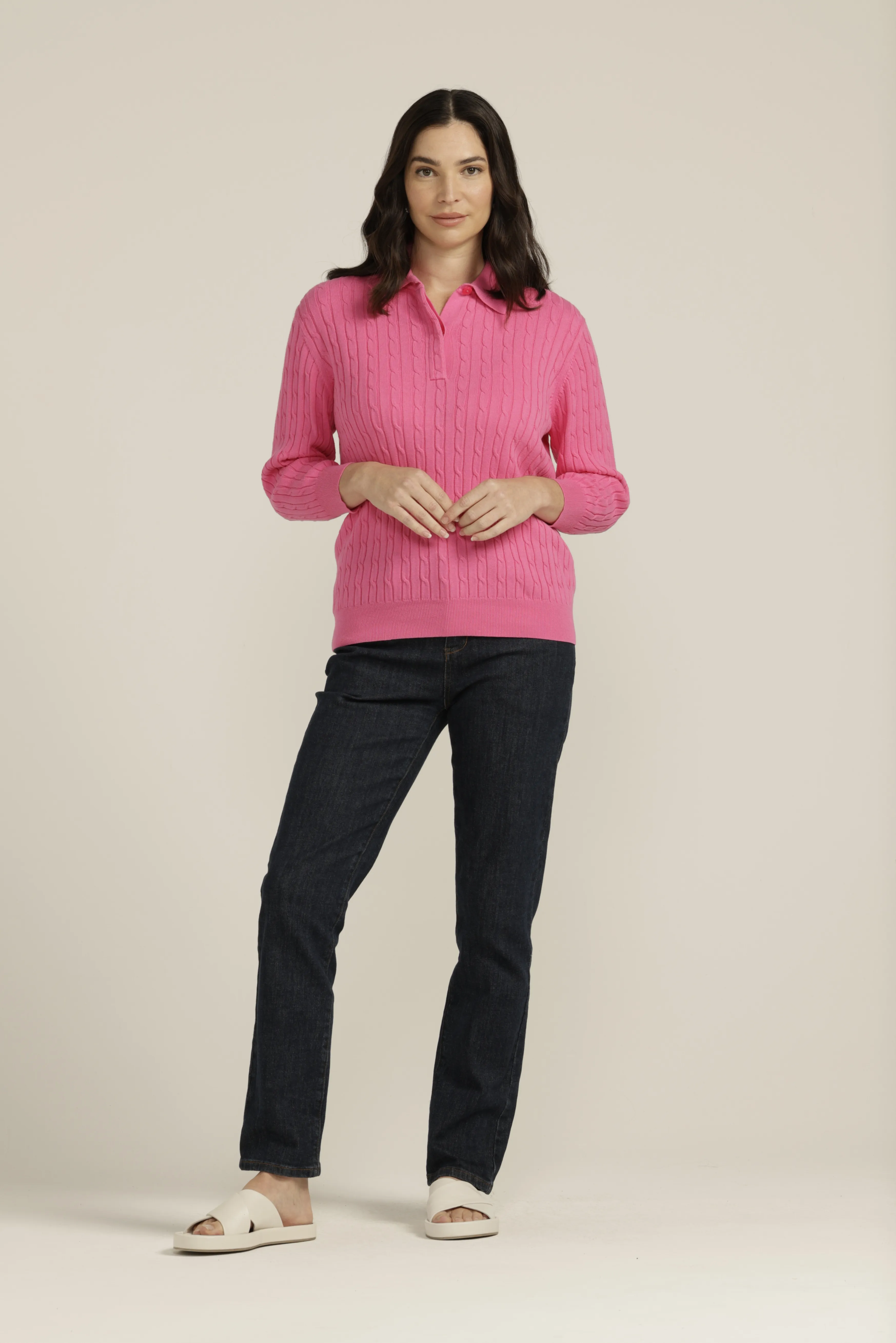 Cotton 3/4 Sleeve Cable Collared Knit Bright Pink