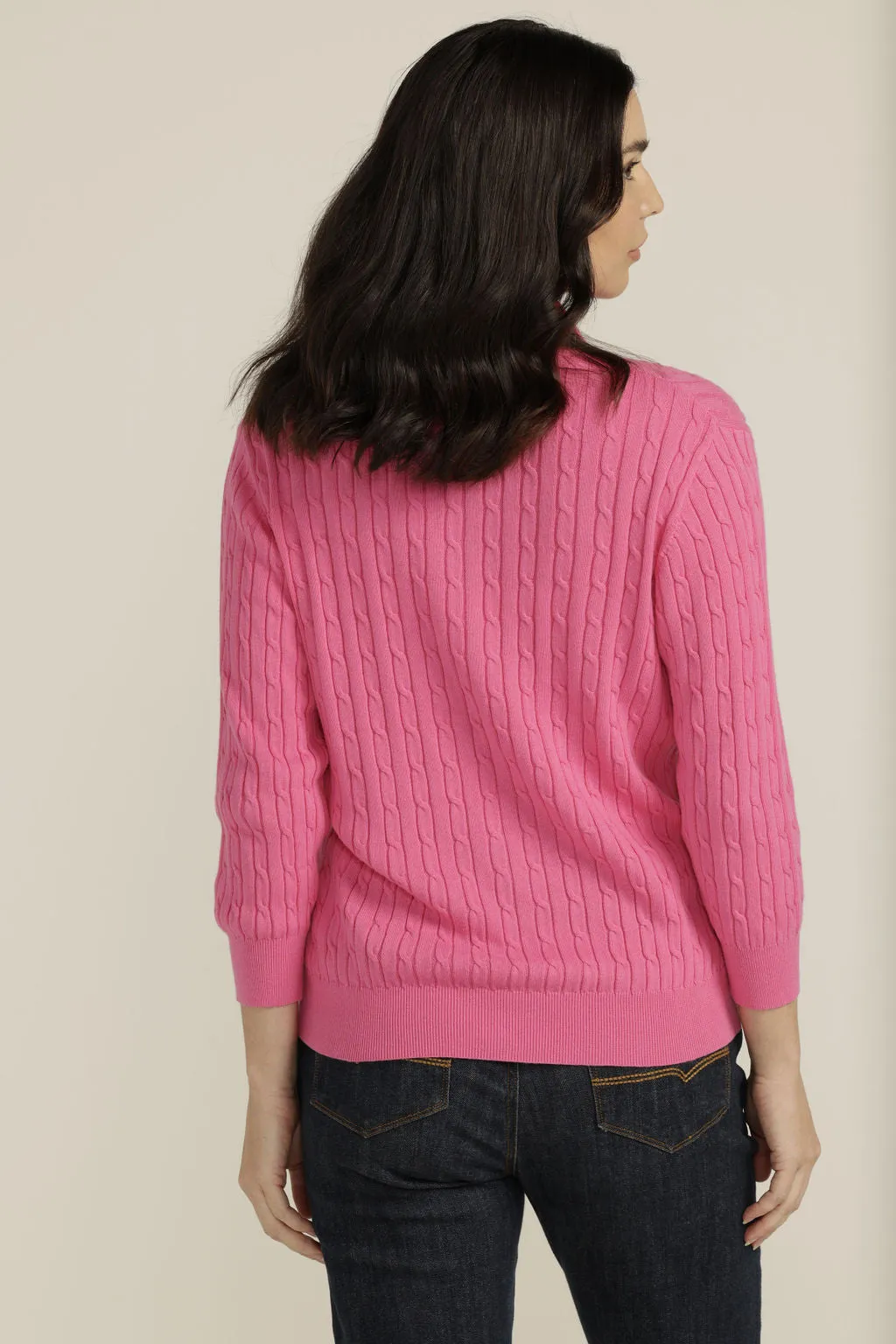 Cotton 3/4 Sleeve Cable Collared Knit Bright Pink