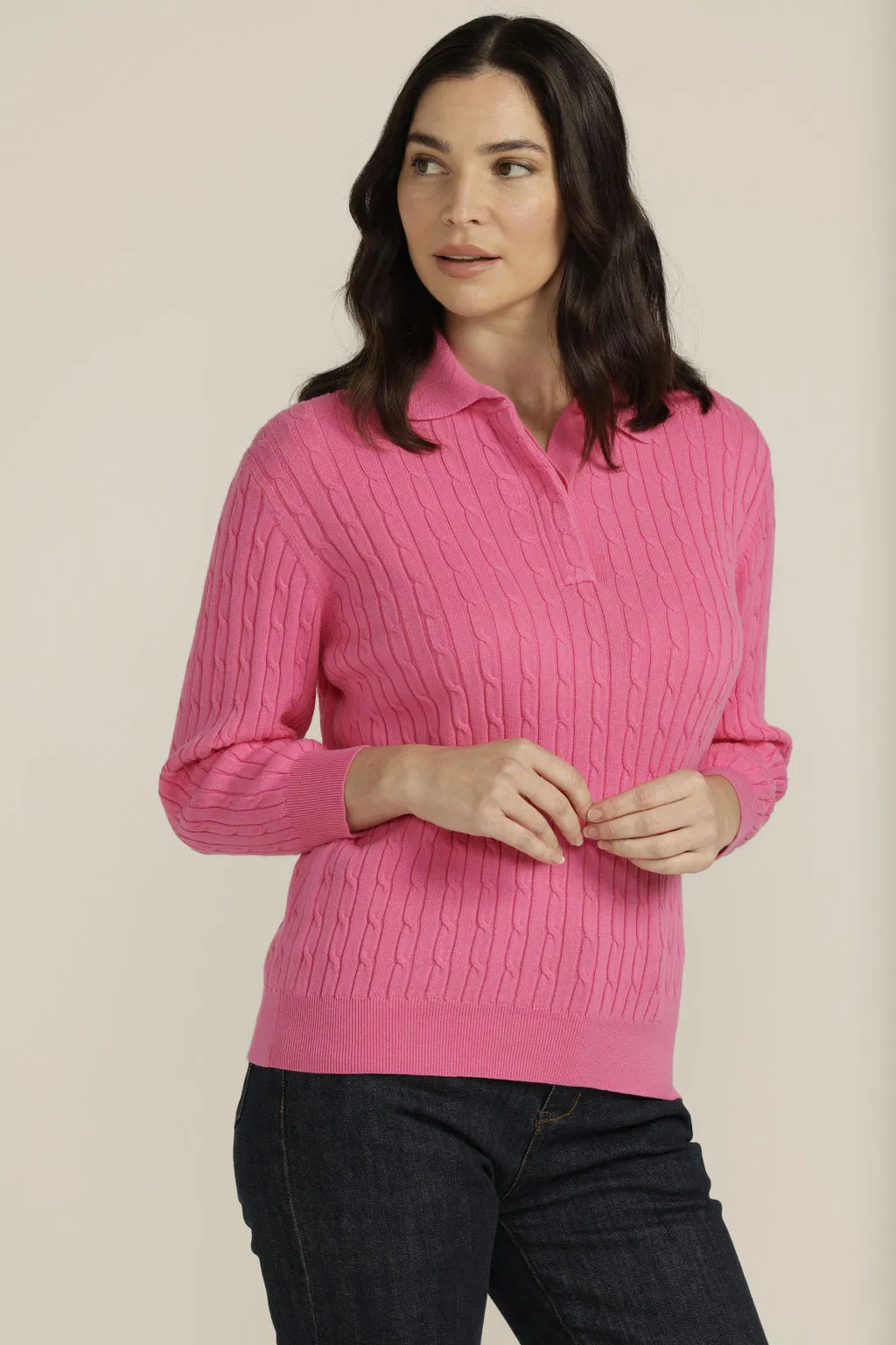 Cotton 3/4 Sleeve Cable Collared Knit Bright Pink