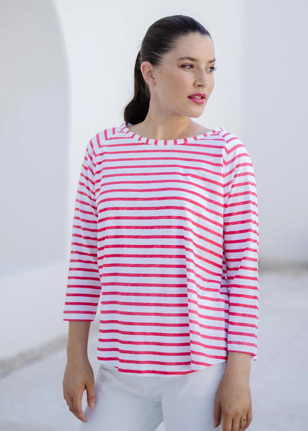 Cotton Raglan Sleeve Stripe Tee White/Watermelon