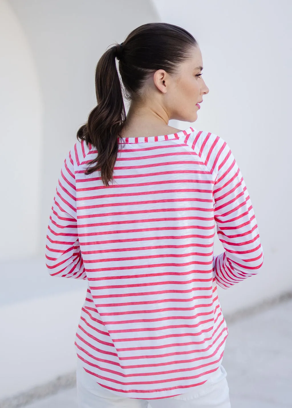 Cotton Raglan Sleeve Stripe Tee White/Watermelon