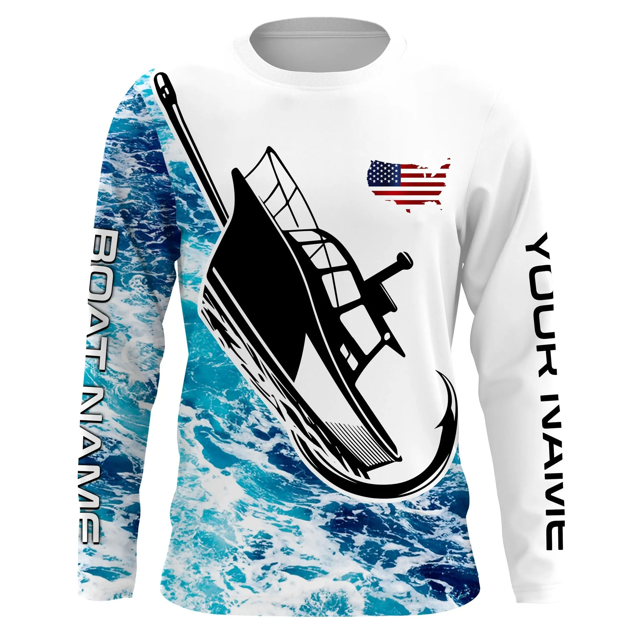 Custom Deep Sea Fishing Shirts With Boat Name, American Flag Saltwater Fishing Shirts