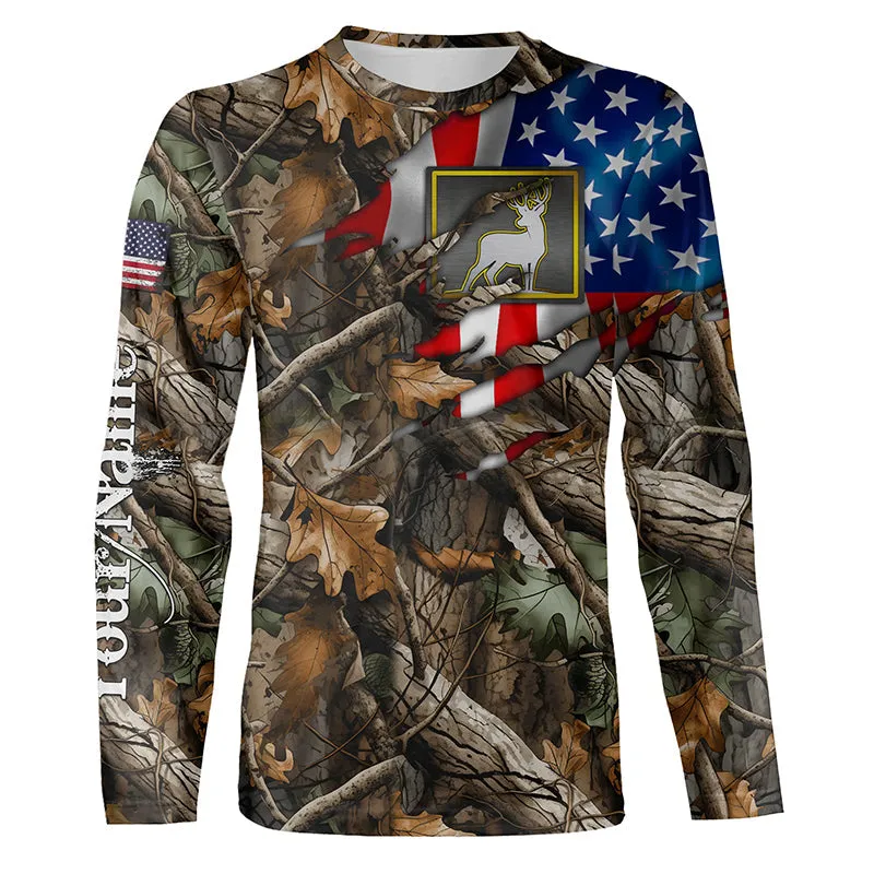 Deer Hunting Camo American Flag Patriotic Custom Name Deer Hunting 3D Long Sleeve Christmas Shirts