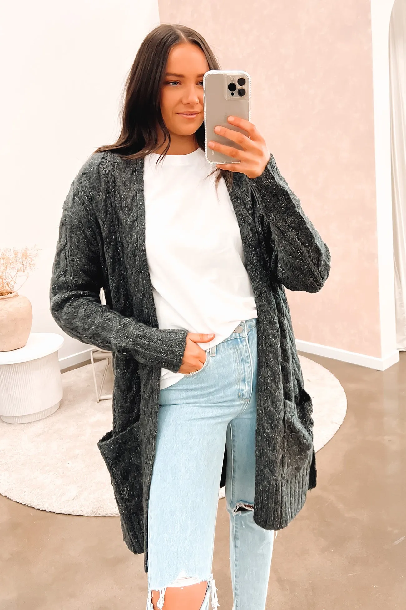 Erin Cable Knit Cardi Charcoal