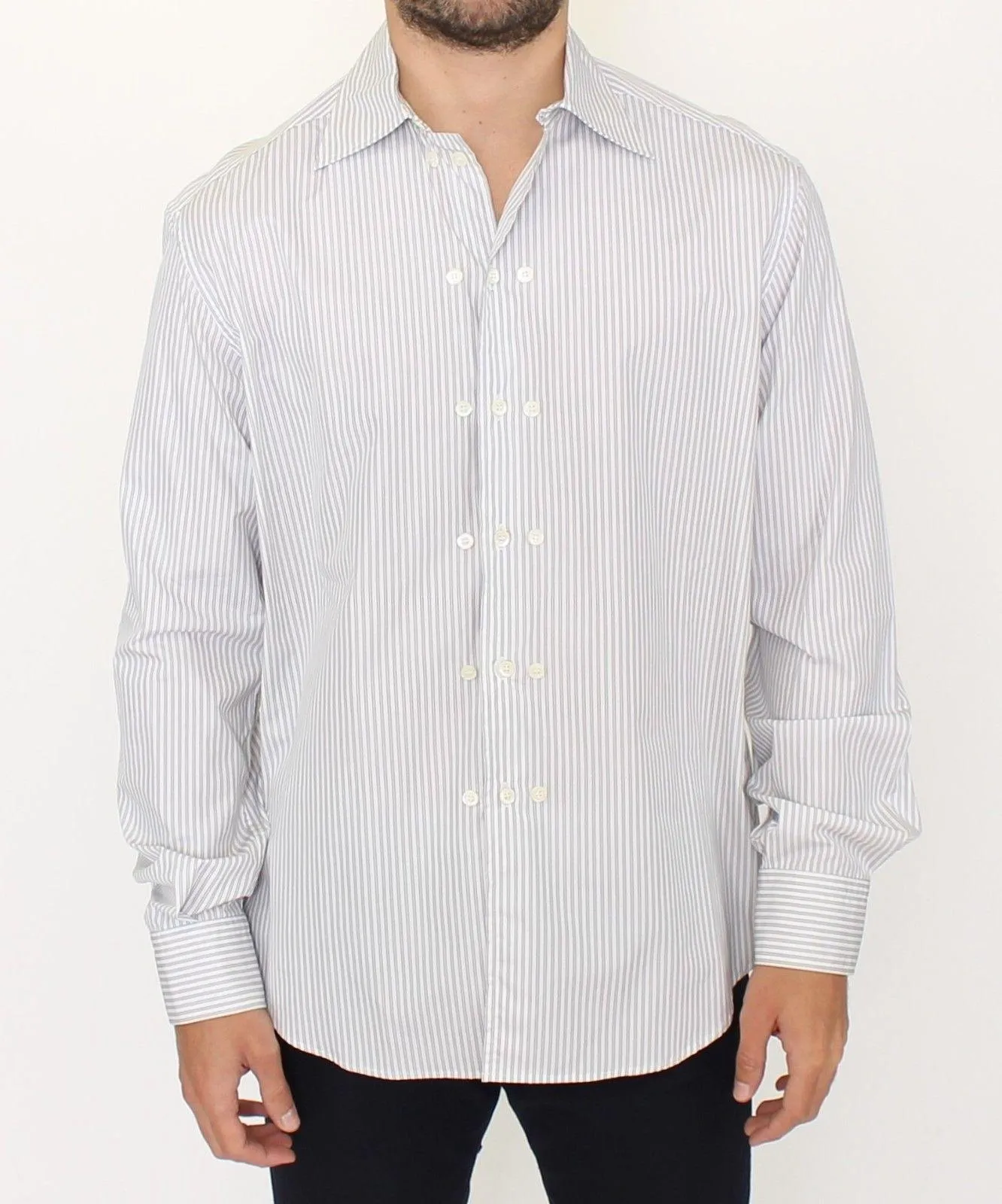 Ermanno Scervino White Gray Striped Regular Fit Casual Shirt