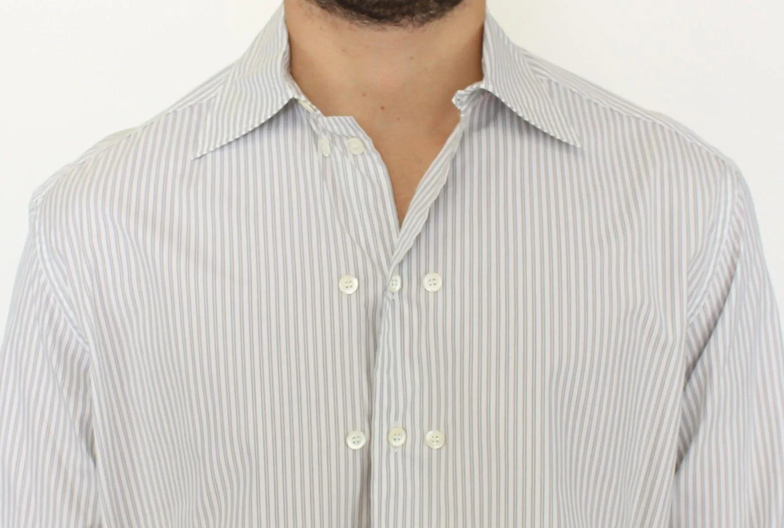 Ermanno Scervino White Gray Striped Regular Fit Casual Shirt