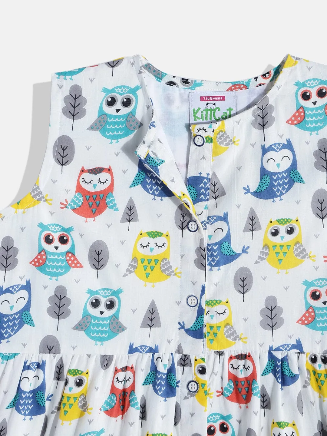 Girls Multi Coloured Cute Owl Printed Western Dress