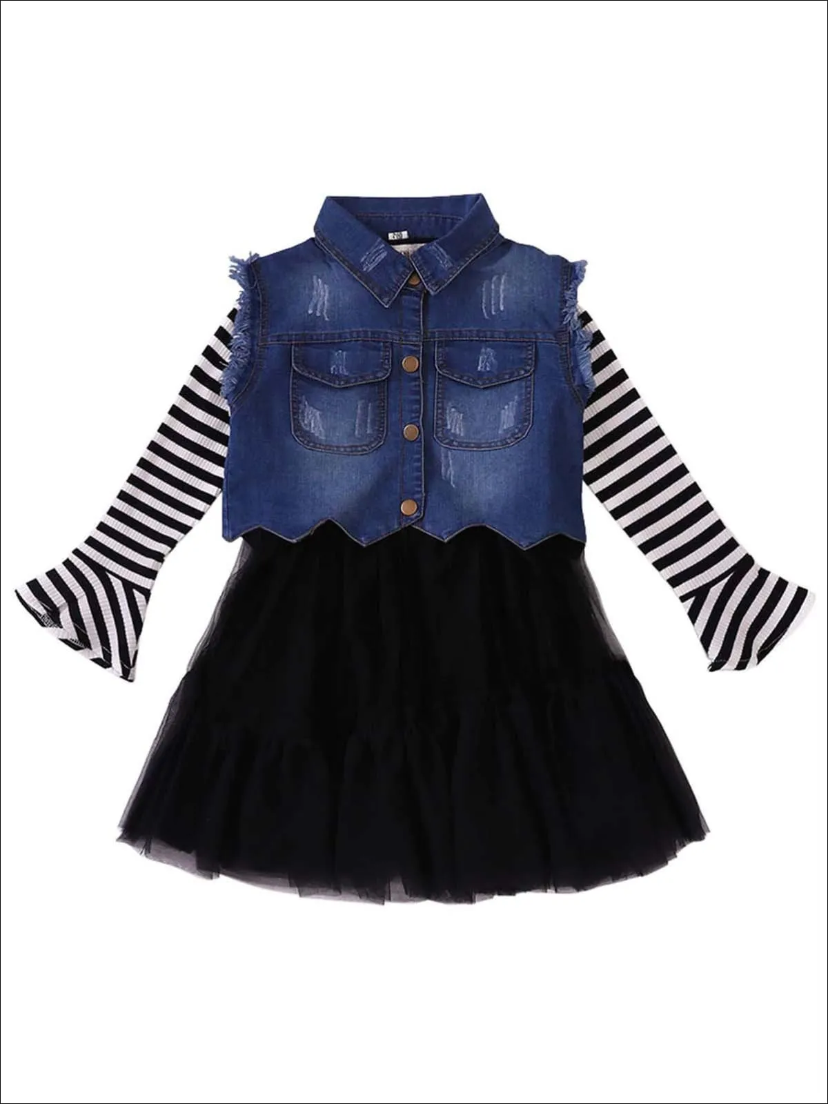 Girls Striped Long Sleeve Mesh Denim Dress