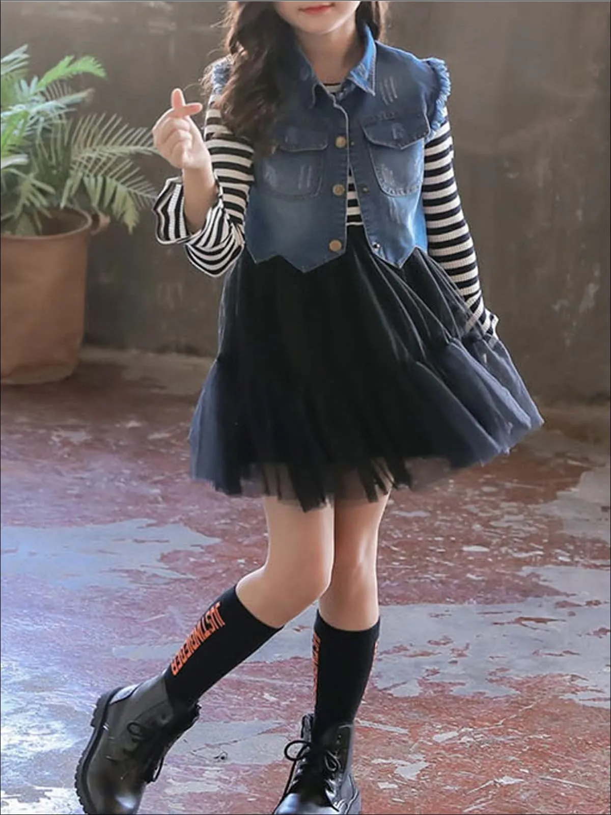 Girls Striped Long Sleeve Mesh Denim Dress