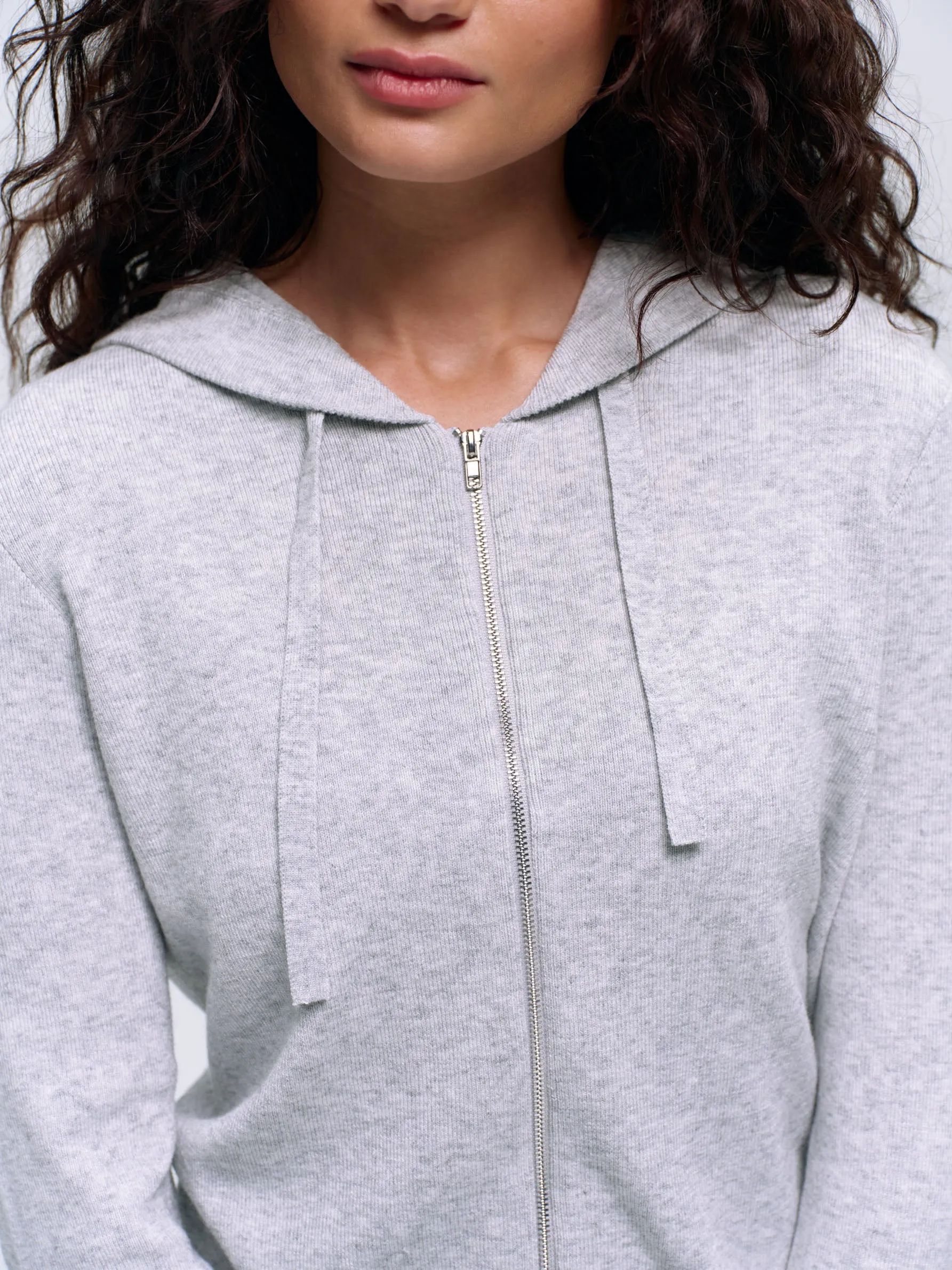 Knit Zip Up Hoodie - Light Grey Melange