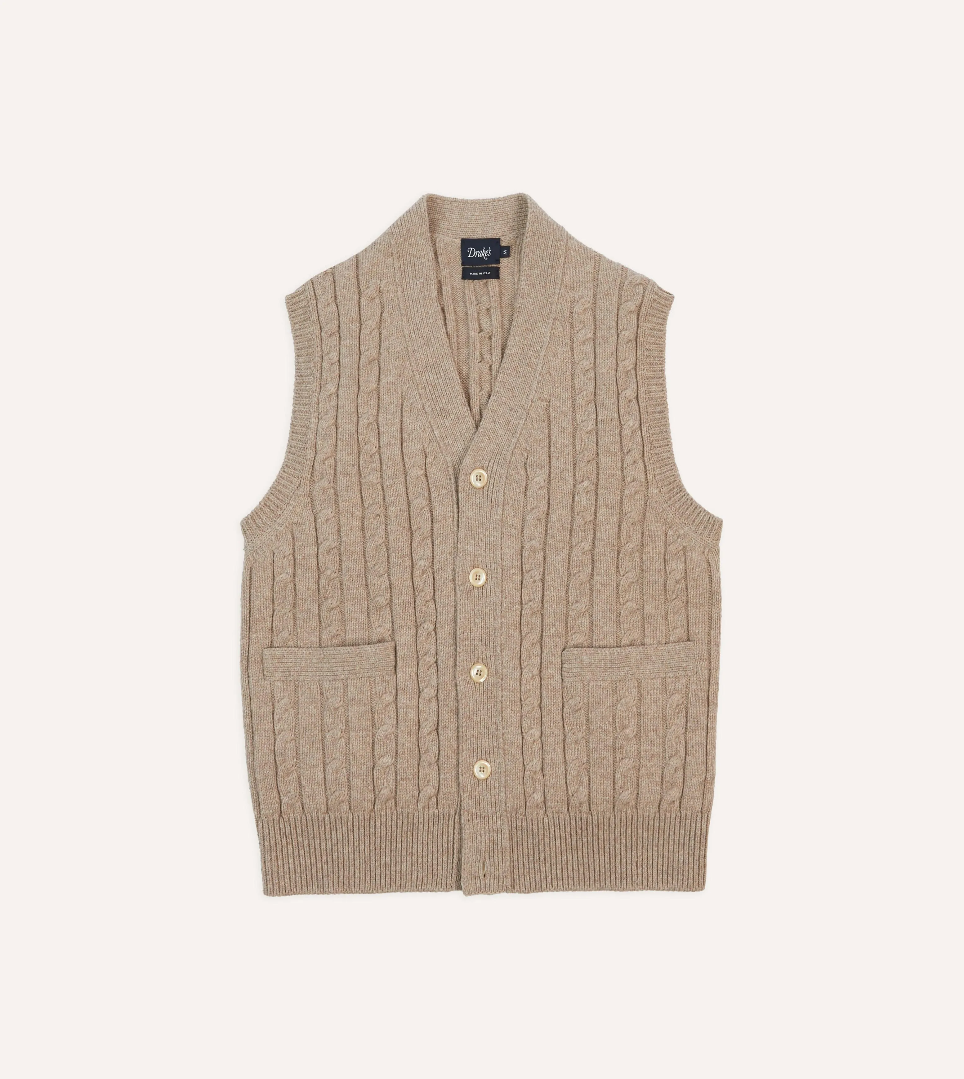 Light Brown Lambswool Cable Knit Sleeveless Cardigan