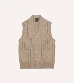 Light Brown Lambswool Cable Knit Sleeveless Cardigan