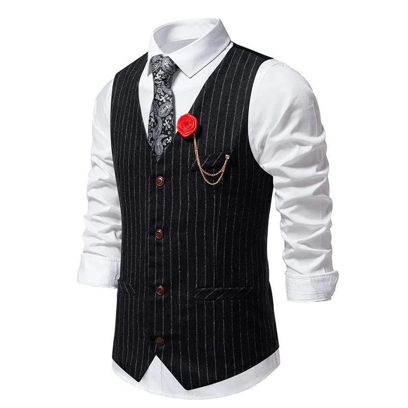 Men's Business Casual Single Breasted V Neck Striped Vest