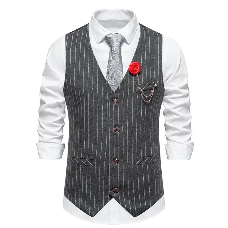 Men's Business Casual Single Breasted V Neck Striped Vest