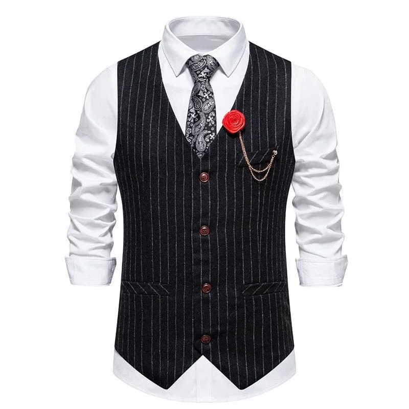 Men's Business Casual Single Breasted V Neck Striped Vest