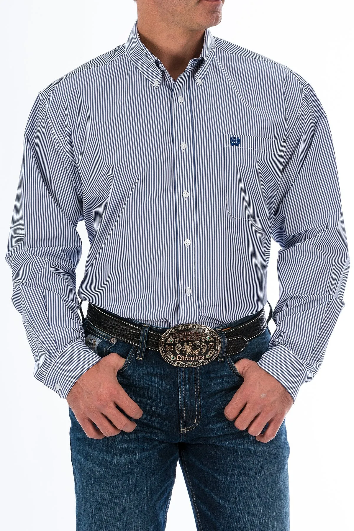 Men's Cinch Royal Blue Stripe Long Sleeve Button Down Shirt