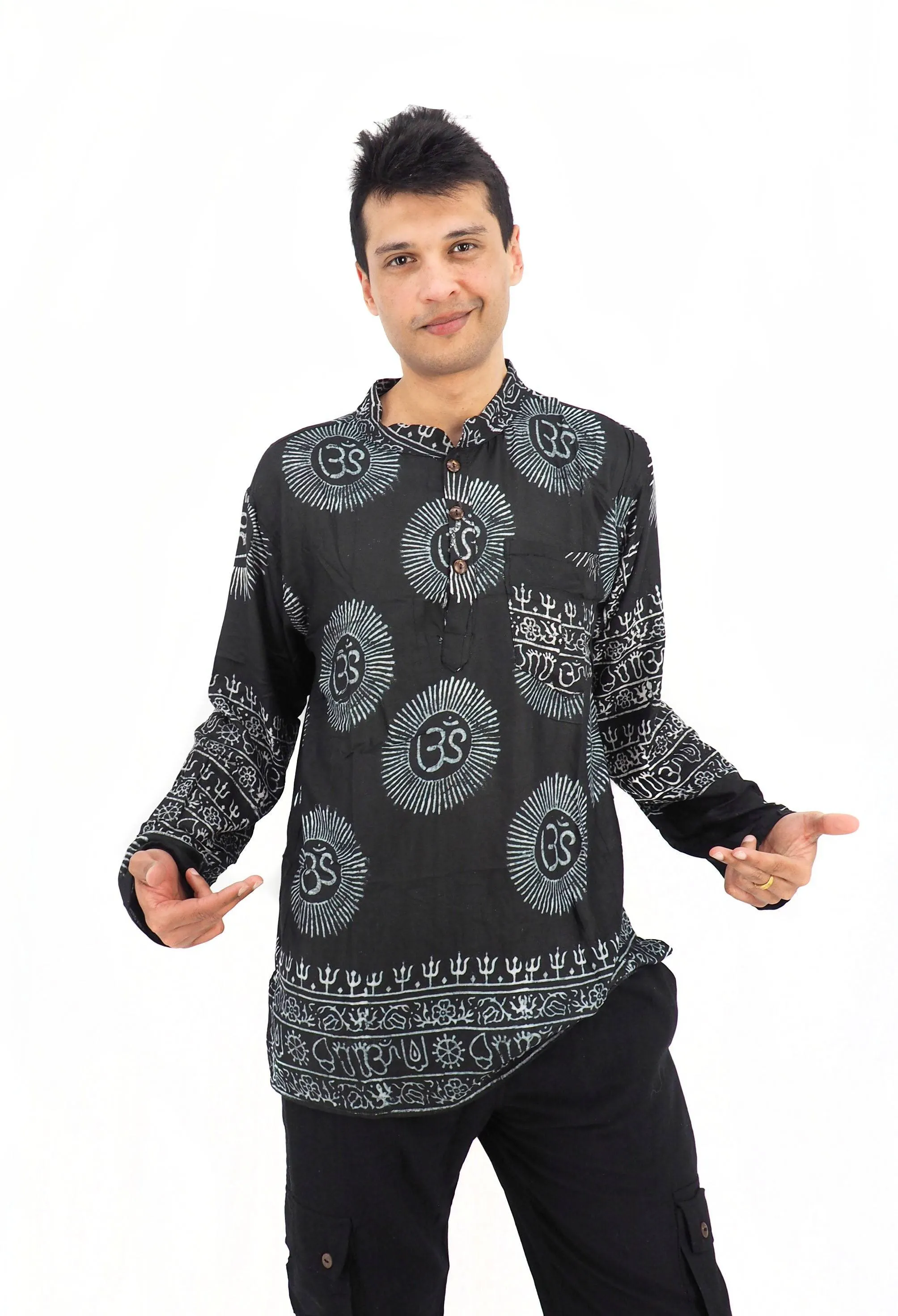 Men's Handmade Casual Boho Hippie Cotton Shirt Size S-M-L-XL Black