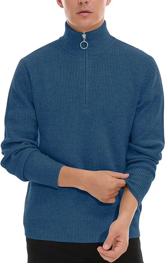 Men's Soft Sweaters Quarter Zip Pullover Classic Ribbed Turtleneck Sweater - Blue