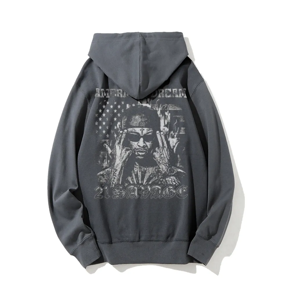 Mens Vintage American Dream Darkness Style Graphic Pullover With Kangaroo Pocket Hoodies