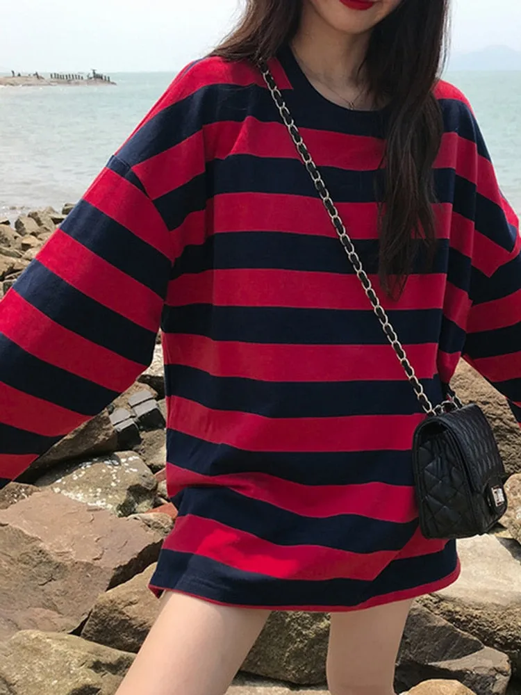 Purpdrank - Striped Shirt Streetwear Harajuku Couple Tops Female Long Sleeve Gothic Shirts Spring Oversize Woman T-shirt Vintage Blouse