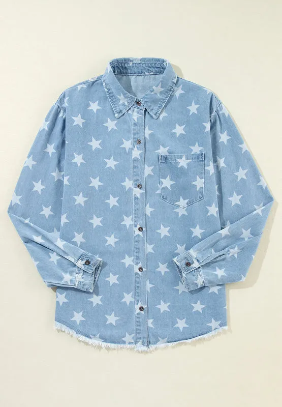 Raw Hem Star Collared Neck Denim Top