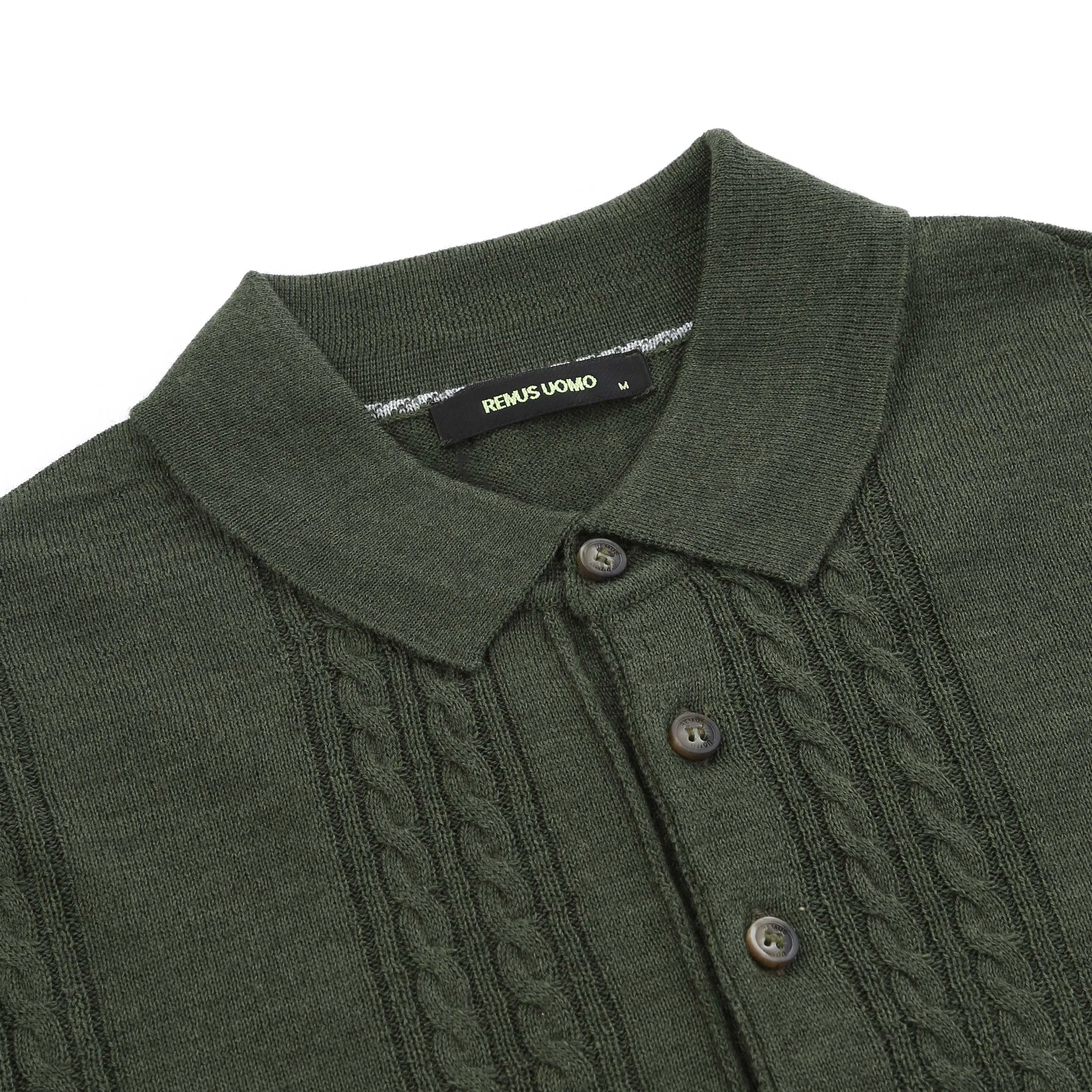 Remus Uomo Cable Knit Front Knitted Polo in Green