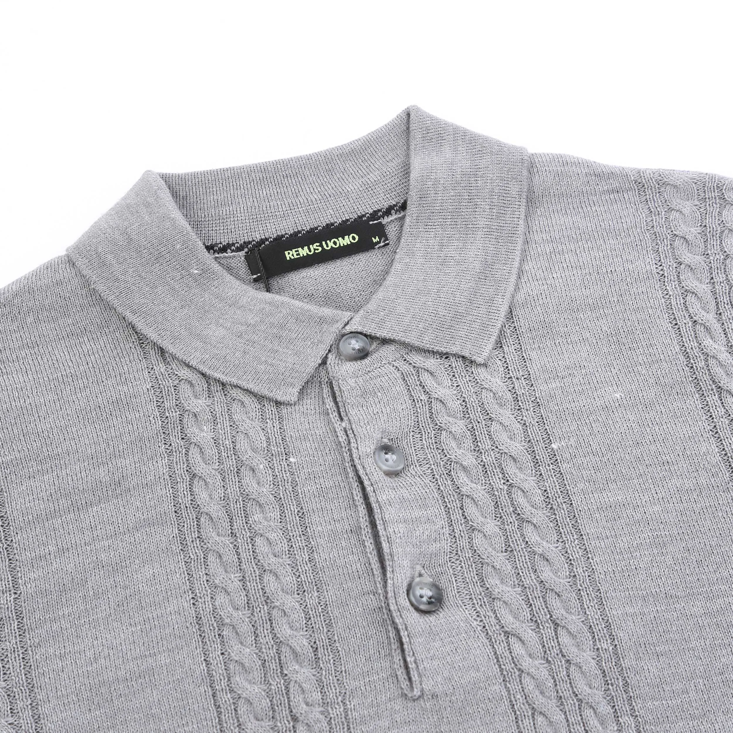 Remus Uomo Cable Knit Front Knitted Polo in Silver Grey