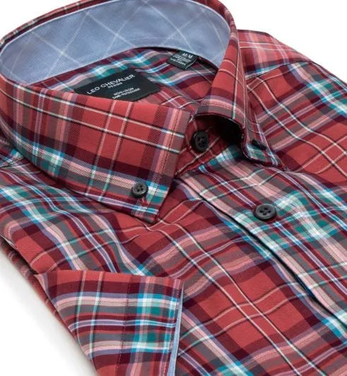 Rose Colored Plaid Cotton Button Down Collar Leo Chevalier Sport Shirts