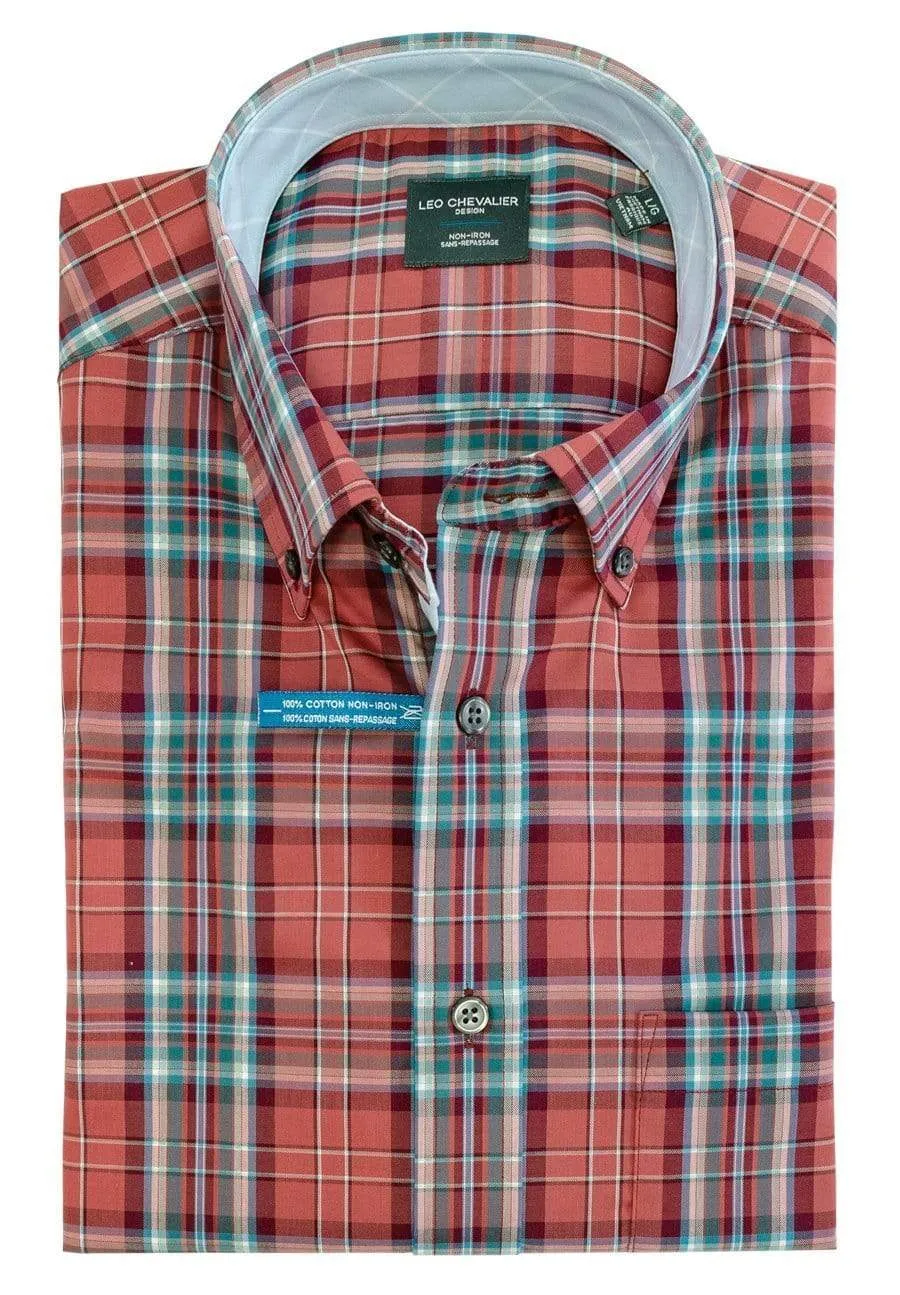 Rose Colored Plaid Cotton Button Down Collar Leo Chevalier Sport Shirts